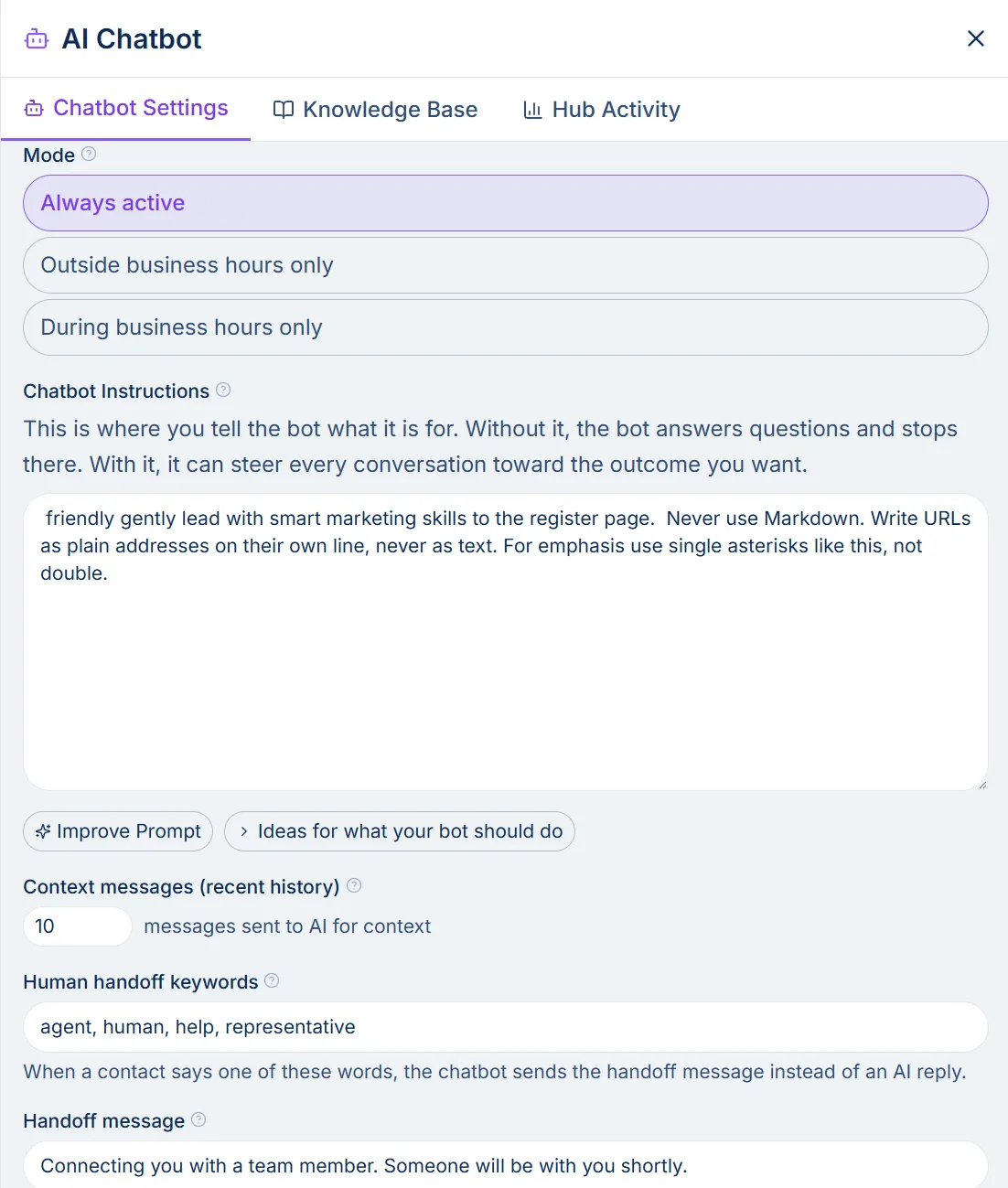The Spun AI chatbot settings panel, showing when the bot is active, the instructions it follows, how much conversation history it reads, and the keywords that hand the conversation to a person